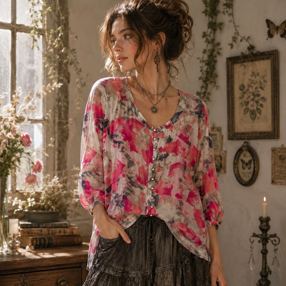 ZoZo Womens Silk Blend Sheer Floral Top Size L Pink Boho Fairy‎ Grunge Romantic